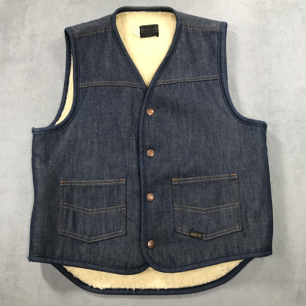 Vintage 70s 80s SEARS Denim Vest Mens M Blue Jean Sherpa Lined Western Roebucks